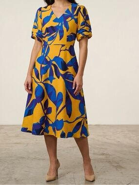 Liz Claiborne Woman’s Yellow Blue Floral V-Neck Fit & Flare Dress, Size 4